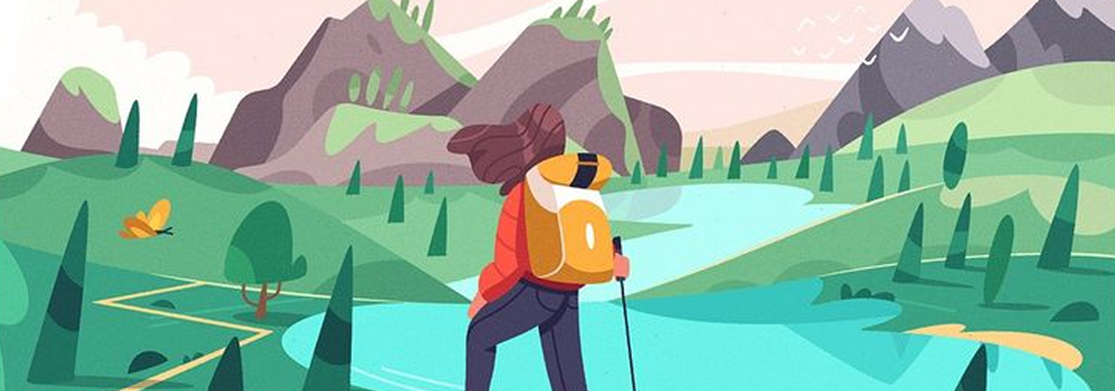 Outdoor landscape illustration of woman with orange backpack hiking near river, mountains, trees in soft pastel colors