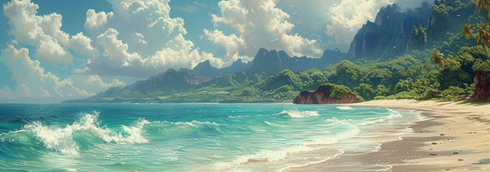 Beach landscape illustration with mountains and clear sky, perfect for NBCC theme